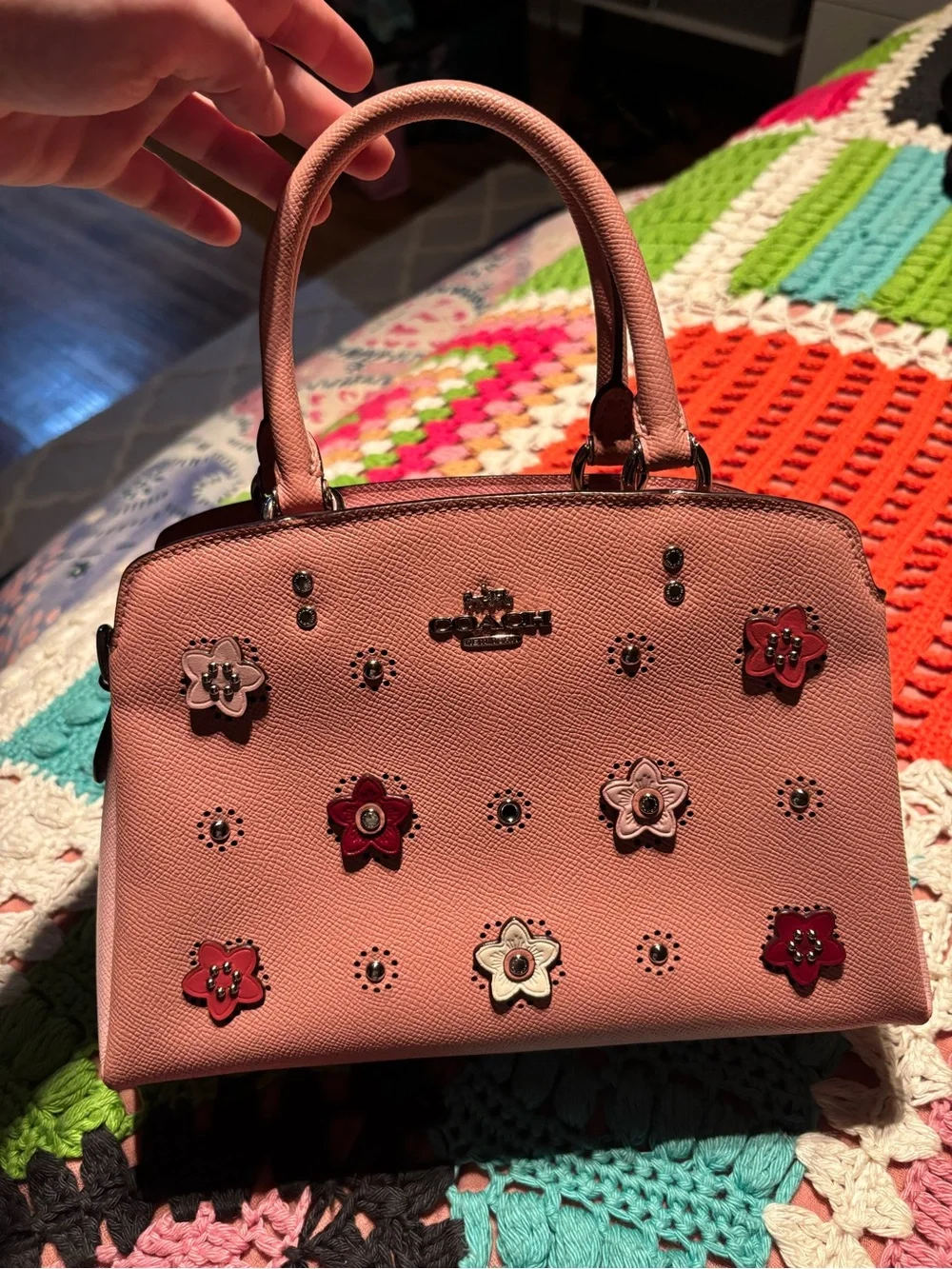 Coach Pink Floral Appliqué Satchel with Red & Cream Accents